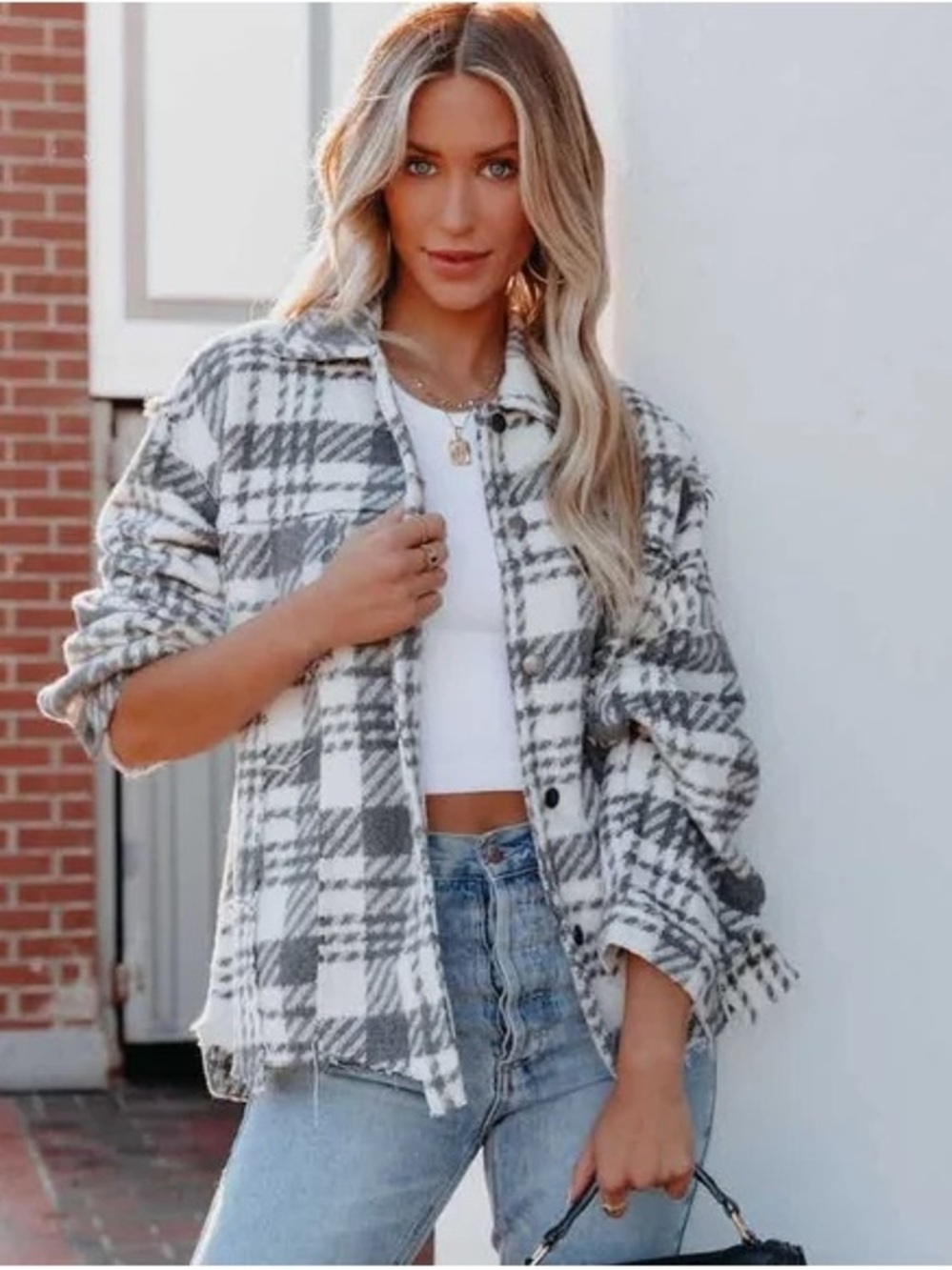 Vici Grey And White Plaid Distressed Frayed Shacket Size Large